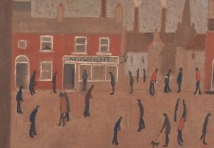 Style of L S Lowry, the newsagent, oil on board, unsigned, 27cm x 37cm, framed Good condition