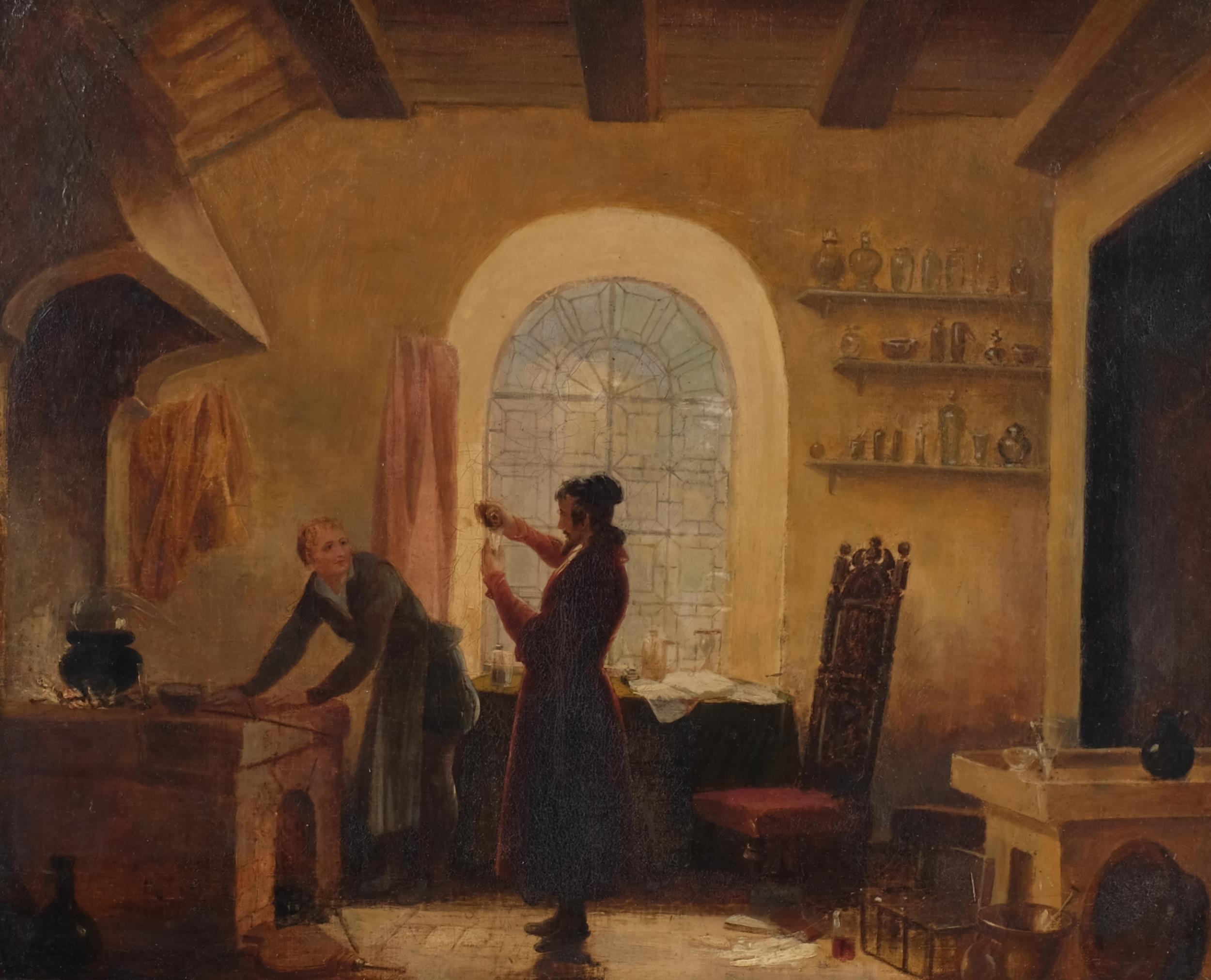 Oil on canvas, the alchemist in his laboratory, framed by George Morrill (active 1857 - 1865), 43cm - Image 2 of 4