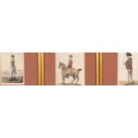 I Kay, 3 studies of military uniform, hand coloured engravings, dated 1798, image 16cm x 11cm,