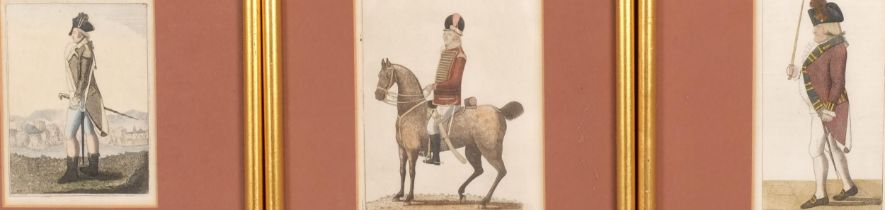 I Kay, 3 studies of military uniform, hand coloured engravings, dated 1798, image 16cm x 11cm,