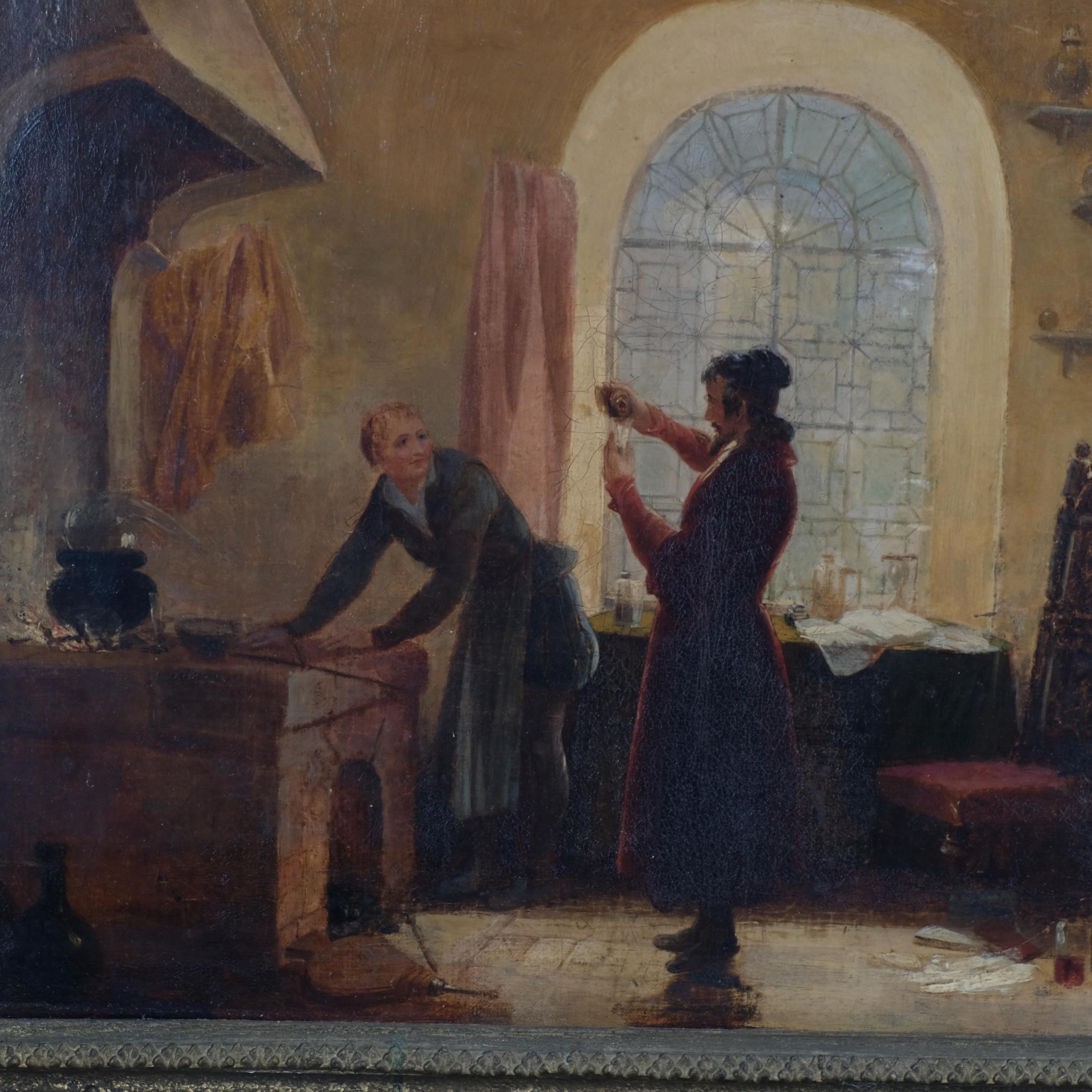 Oil on canvas, the alchemist in his laboratory, framed by George Morrill (active 1857 - 1865), 43cm - Image 3 of 4