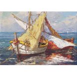 Raoul About (1880-1965), oil on board, Barque de Peche, (Fishing Boat), signed, 31.5cm x 22cm,