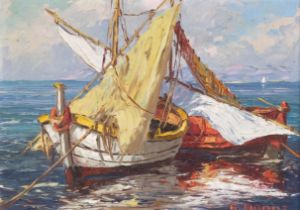 Raoul About (1880-1965), oil on board, Barque de Peche, (Fishing Boat), signed, 31.5cm x 22cm,