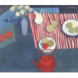 Sheena Begg (Glasgow artist, 1921 - 2009), red kettle, oil on canvas, signed with artist labels