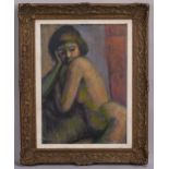 V Salanson, contemplation, oil on board, signed with Artists Of Chelsea Exhibition label verso, 54cm