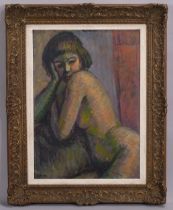 V Salanson, contemplation, oil on board, signed with Artists Of Chelsea Exhibition label verso, 54cm