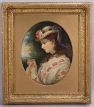 Portrait of a young woman wearing a flower-trimmed bonnet, 19th century oil on canvas, unsigned,