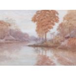 T Kobayashi, Japanese river landscape, watercolour, signed, 49cm x 65cm, framed Good condition,