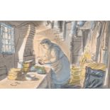 Edward Bawden (1903 - 1989), peeling potatoes, from Life In An English Village, original colour