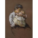 Flora Lion (1876 - 1958), portrait of a woman with an infant, pastel/charcoal on brown paper, signed