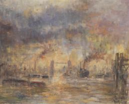 John Wiltshire, Thames scene near Tower Bridge, oil on canvas, signed, 46cm x 56cm, unframed Good