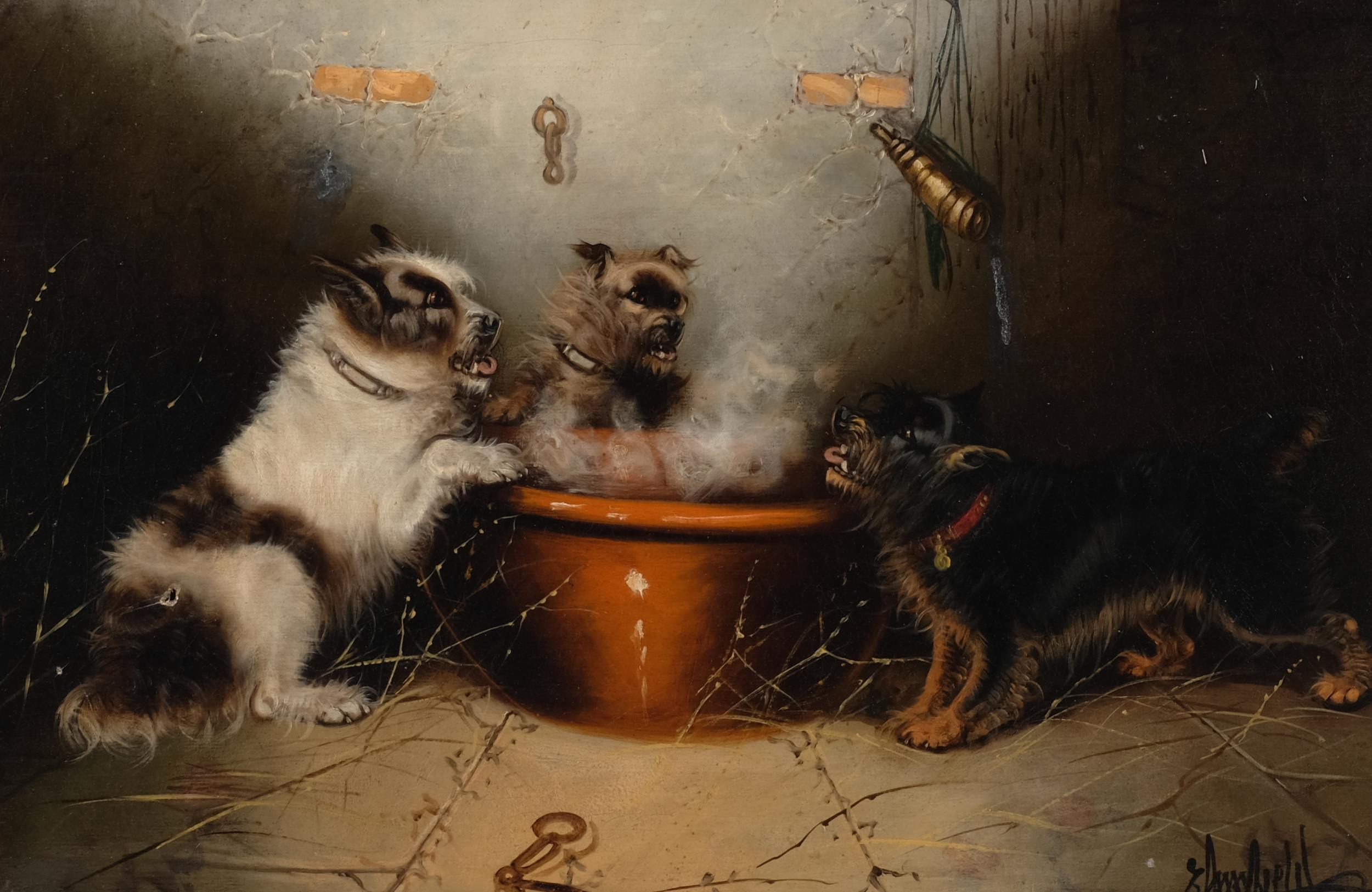 Edward Armfield, 3 Terriers around a cauldron, oil on canvas, signed, 51cm x 76cm, framed Several - Image 2 of 4
