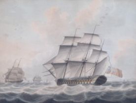 Samuel Atkins (circa 1787 - 1808), British battleship off the coast, watercolour, 35cm x 47cm,