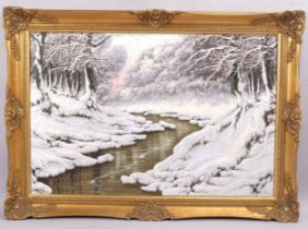 Joseph Dande, winter woodland stream, oil on canvas, signed, 61cm x 92cm, framed Good original