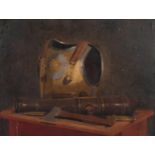 Early to mid-20th century still life, armour breast plate and cannon barrel on a desk, oil on board,