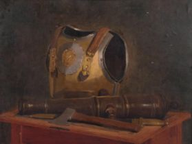 Early to mid-20th century still life, armour breast plate and cannon barrel on a desk, oil on board,
