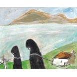 Contemporary Irish School, monks on the foreshore, Co Mayo, unsigned, 29cm x 36cm, framed Good