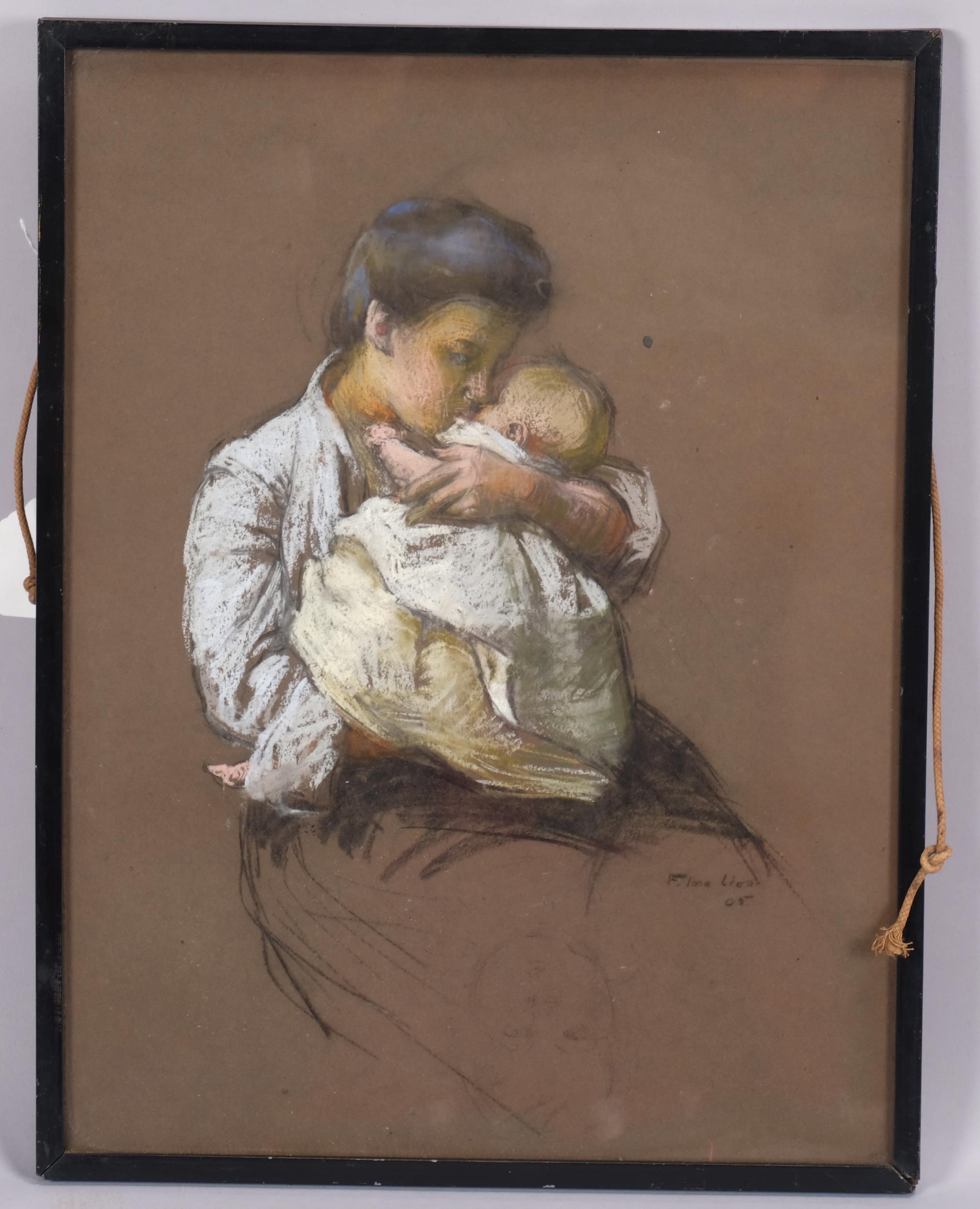 Flora Lion (1876 - 1958), portrait of a woman with an infant, pastel/charcoal on brown paper, signed - Image 2 of 4