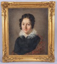 19th century English School, portrait of a girl with a lace-collared dress, oil on canvas, unsigned,