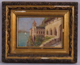 R Rinaldi, Santa Caterina Del Sasso, oil on panel, signed, title verso, 14cm x 21cm, framed Panel is