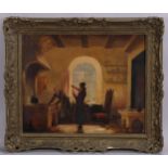 Oil on canvas, the alchemist in his laboratory, framed by George Morrill (active 1857 - 1865), 43cm