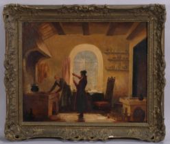Oil on canvas, the alchemist in his laboratory, framed by George Morrill (active 1857 - 1865), 43cm