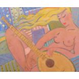 Kanwaldeep Singh Kang (1964 - 2007), nude girl with guitar, oil on canvas, signed, 76cm x 94cm,