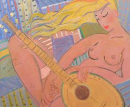 Kanwaldeep Singh Kang (1964 - 2007), nude girl with guitar, oil on canvas, signed, 76cm x 94cm,