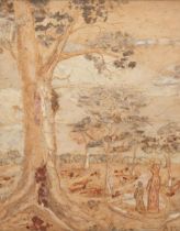 A I Samuels (Australian), wooded landscape with figures, bark painting, 1978, inscribed verso,