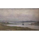 Early 20th century estuary scene, oil on wood panel, unsigned, 12cm x 21cm, framed Good untouched