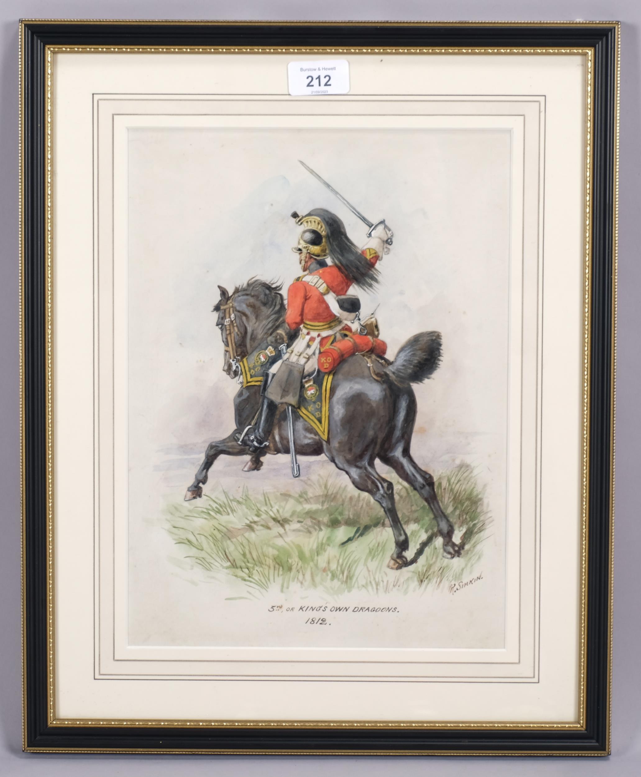 Richard Simpkin (1840 - 1926), 3rd or King's Own Dragoons 1812, watercolour/gouache, signed, 33cm - Image 2 of 4