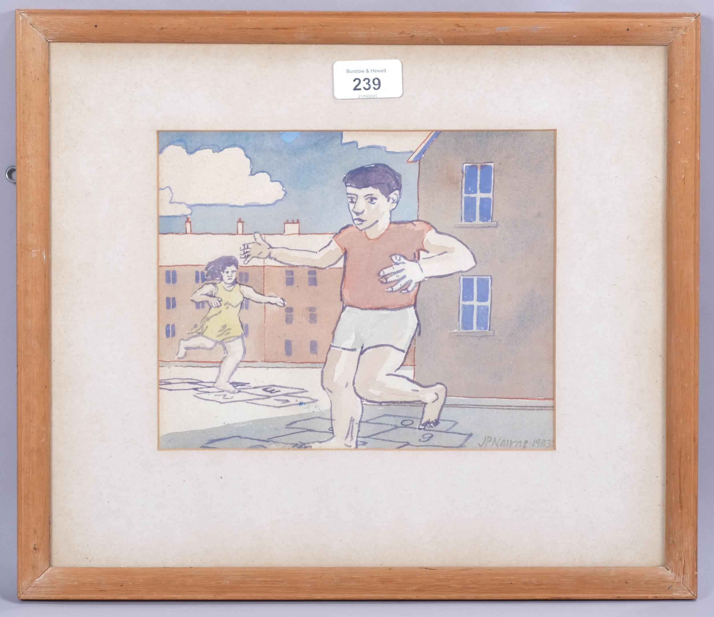 J P Nairne, hopscotch, watercolour, signed and dated 1983, 18cm x 22cm, framed Image in good - Image 2 of 4