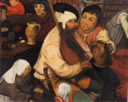 After Pieter Bruegel, La Danse Des Paysans, oil on board, 1985, 49cm x 61cm, unframed Good condition