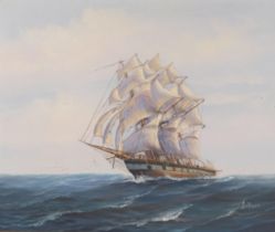 A M Bruce, sailing ship at sea, oil on canvas, signed, 51cm x 61cm, framed Good original condition