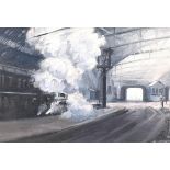 Ron Moor, steam train in station, oil on board, 17cm x 24cm, framed Good condition
