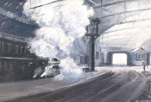 Ron Moor, steam train in station, oil on board, 17cm x 24cm, framed Good condition