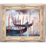 Venetian gondolas, early 20th century oil on canvas, indistinctly signed Diaz?, 40cm x 50cm,