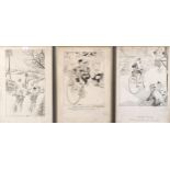 Joseph Lee (1901 - 1975), 3 original cartoons, pen and ink, signed, image 46cm x 27cm, framed (3)