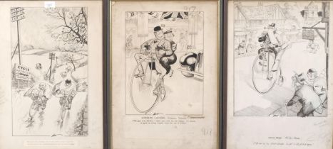 Joseph Lee (1901 - 1975), 3 original cartoons, pen and ink, signed, image 46cm x 27cm, framed (3)