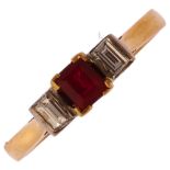 An 18ct gold three stone ruby and diamond ring, set with square step-cut ruby of approx 0.4ct
