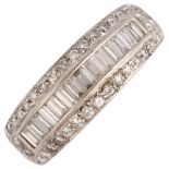 A modern 18ct white gold diamond half eternity band ring, channel set with baguette and modern round