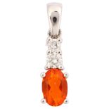 A modern spessartine garnet and diamond drop pendant, unmarked white gold settings, with oval