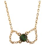 An Edwardian 9ct rose gold green tourmaline lavaliere necklace, bezel set with round-cut