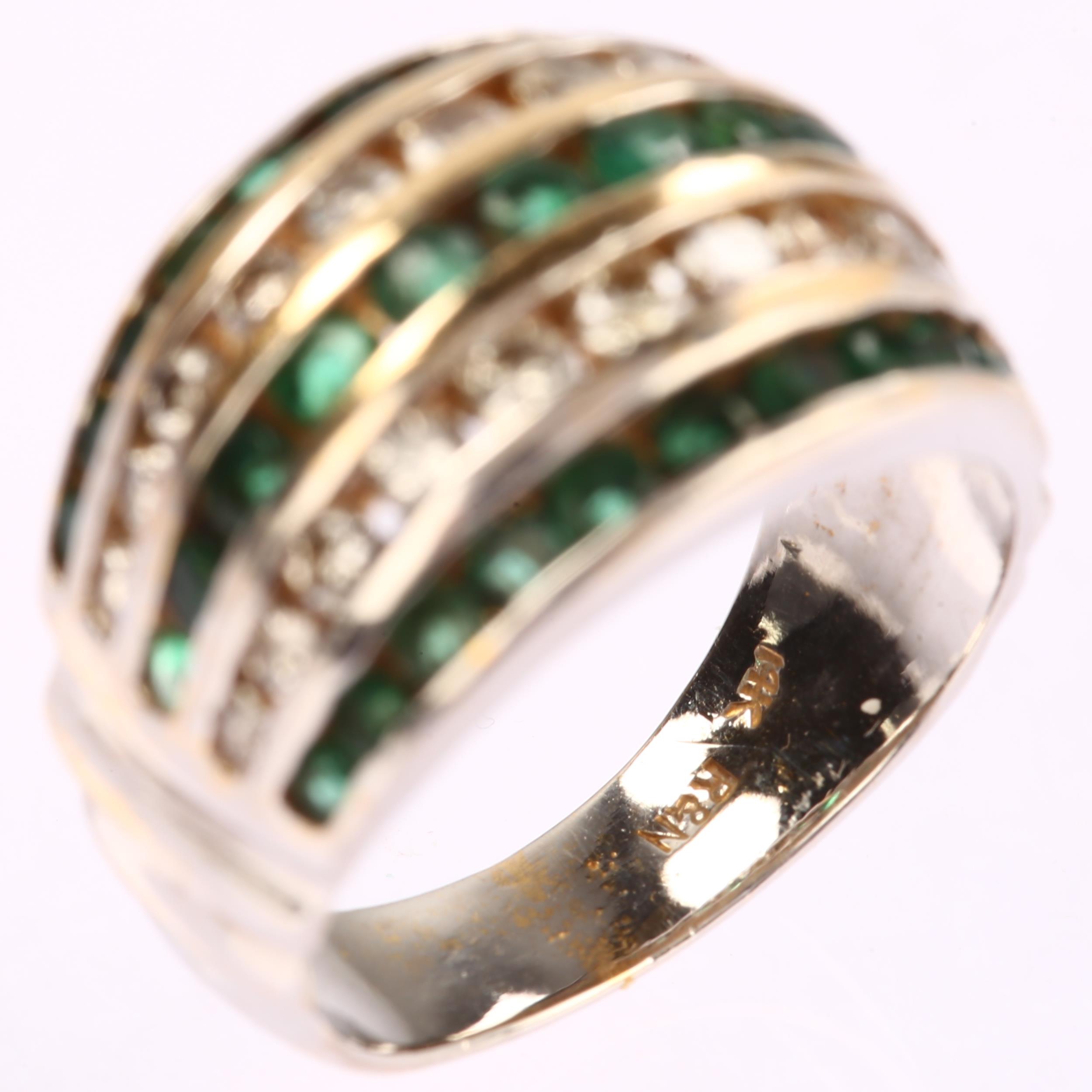 A late 20th century 14ct white gold emerald and diamond bombe ring, maker R&N, channel set with - Image 3 of 4