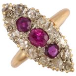 An Antique 18ct gold ruby and diamond marquise cluster ring, set with old-cut diamonds, total