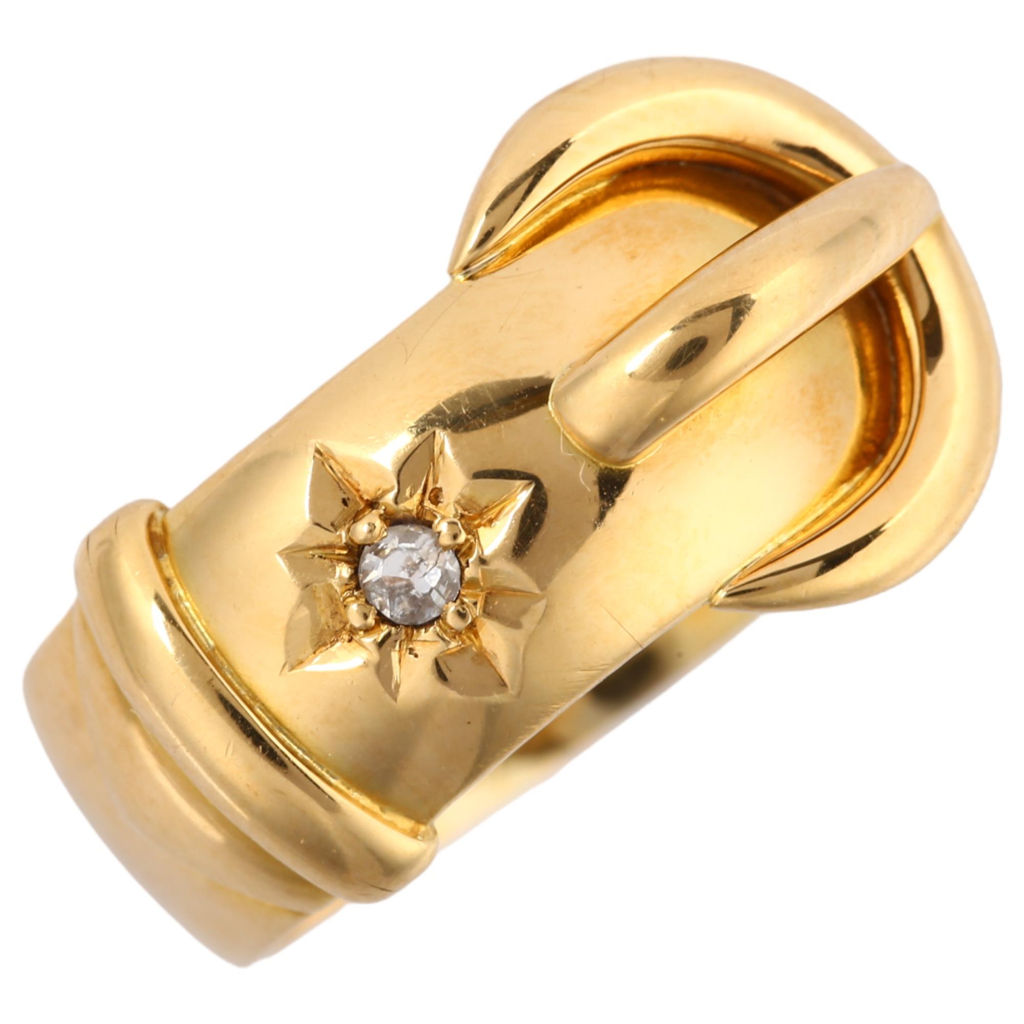 An early 20th century 18ct gold solitaire diamond belt buckle band ring, set with 0.02ct old-cut