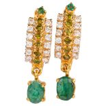 A pair of Middle Eastern 21ct gold emerald and synthetic spinel half hoop drop earrings, 23.2mm, 4.