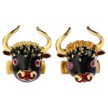 FRASCAROLO - a pair of Italian 18ct gold ruby and enamel bull cufflinks, each bull mask with black