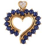 A modern 9ct gold sapphire and diamond openwork heart pendant, set with round cabochon sapphires and