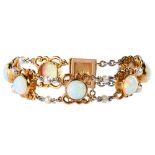 An early 20th century 15ct gold synthetic opal and pearl bracelet, each round cabochon opal set in